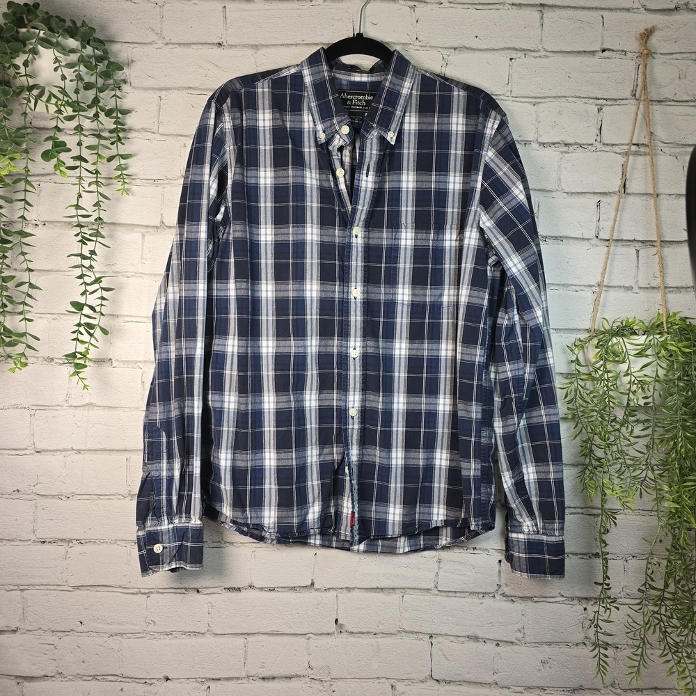 ABERCROMBIE & FITCH LONG SLEEVE PLAID BUTTON DOWN MUSCLE SHIRT MENS MED